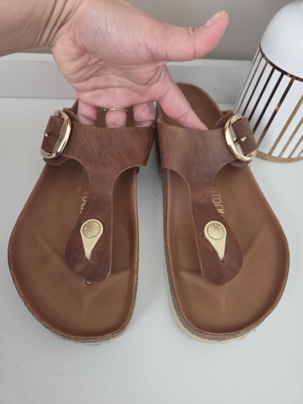 Birkenstock Brown Leather Sandals with Gold Logo